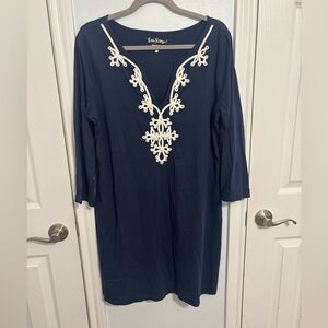 Lilly Pulitzer Navy Dress with White Embroidered V-Neck